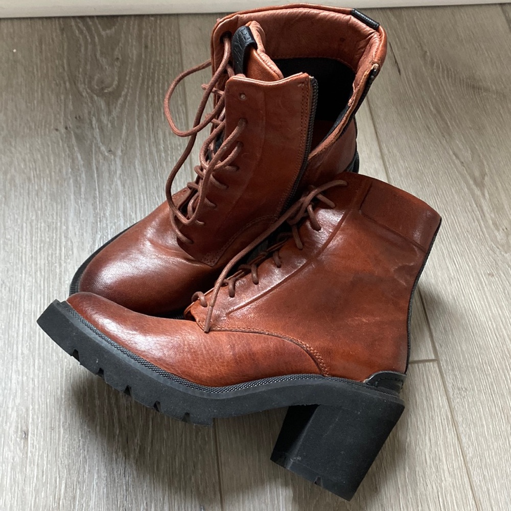 Frye Ella Moto Redwood Lace Up Leather Combat Boot